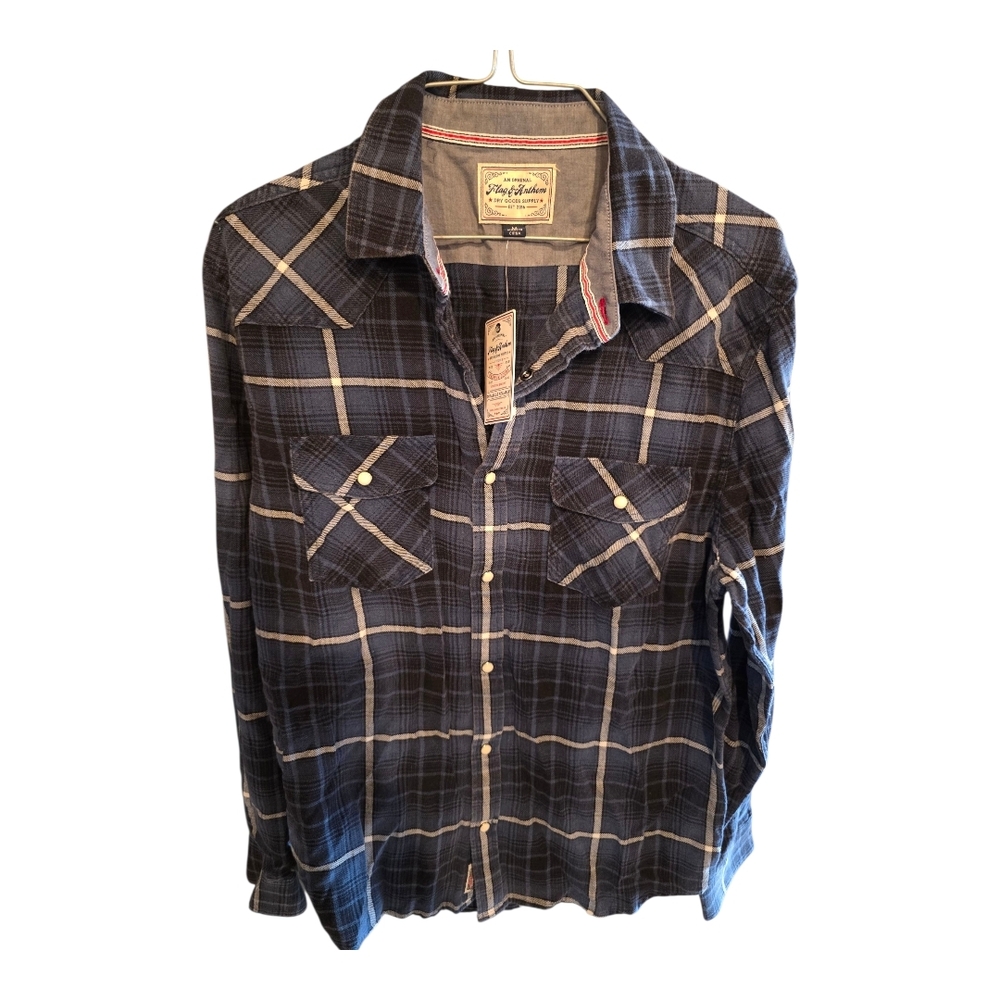 Flag & Anthem Blue Plaid Button-Up Shirt Size Medium Nwt Flannel